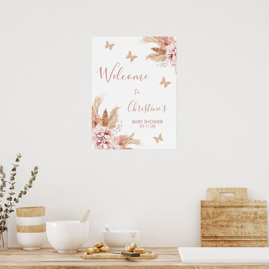 Blush Boho Floral Butterfly Kisses Baby Welcome P Poster (Keuken)