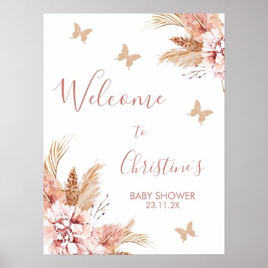 Blush Boho Floral Butterfly Kisses Baby Welcome P Poster (Voorkant)