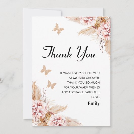 Blush Boho Floral Butterfly Kusjes Bedankt Card Kaart (Voorkant)