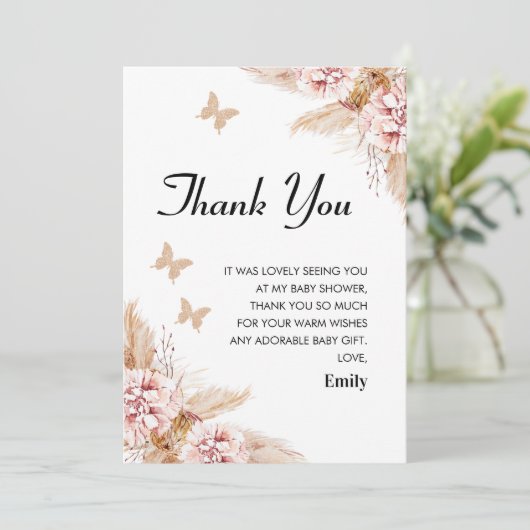 Blush Boho Floral Butterfly Kusjes Bedankt Card Kaart (Staand voorkant)