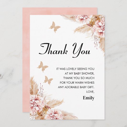Blush Boho Floral Butterfly Kusjes Bedankt Card Kaart (Voorkant / Achterkant)