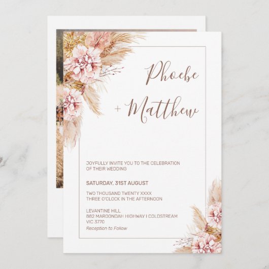 Blush Boho Floral Pampas Grass Wedding Invitation Kaart (Voorkant / Achterkant)