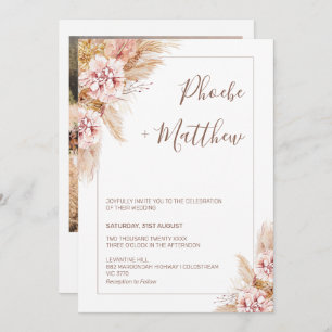 Blush Boho Floral Pampas Grass Wedding Invitation Kaart
