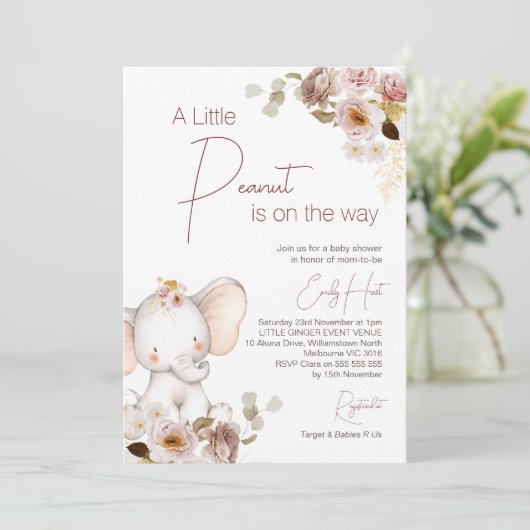 Blush Boho Floral Peanut Elephant Baby shower Kaart (Staand voorkant)