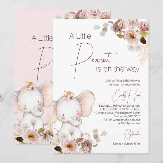 Blush Boho Floral Peanut Elephant Baby shower Kaart (Voorkant / Achterkant)