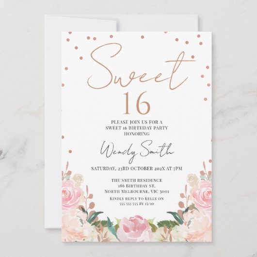 Blush Boho Floral Roos Gold Sweet 16 Verjaardag Kaart (Voorkant)