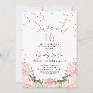 Blush Boho Floral Roos Gold Sweet 16 Verjaardag Kaart