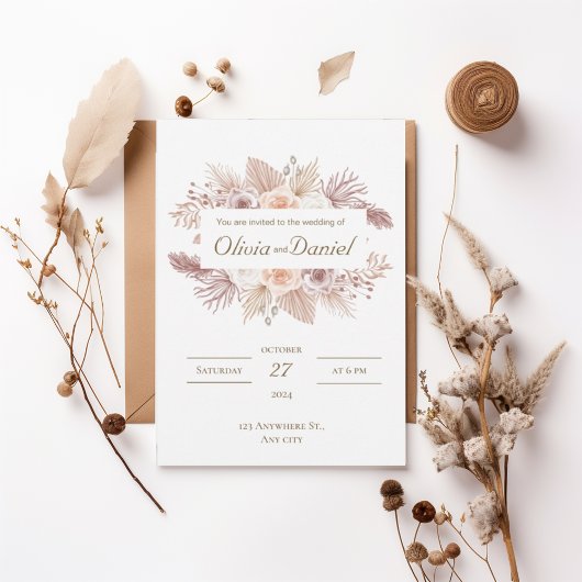 Blush Boho Floral Wedding Invitation Kaart