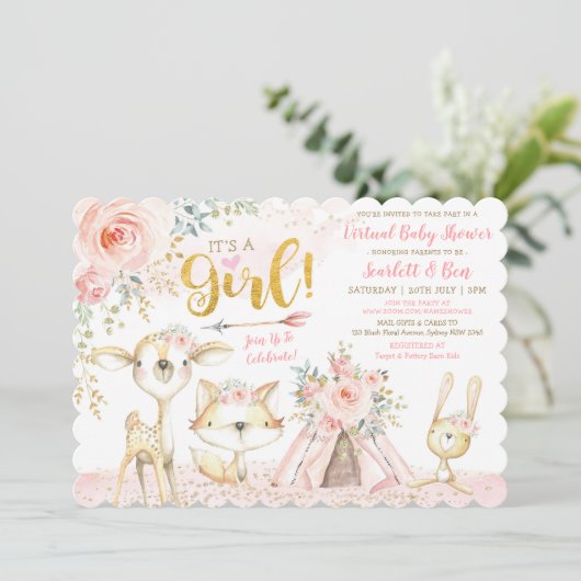 Blush Boho Floral Woodland Virtual Baby shower Kaart (Staand voorkant)