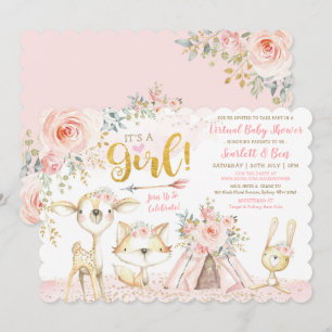 Blush Boho Floral Woodland Virtual Baby shower Kaart