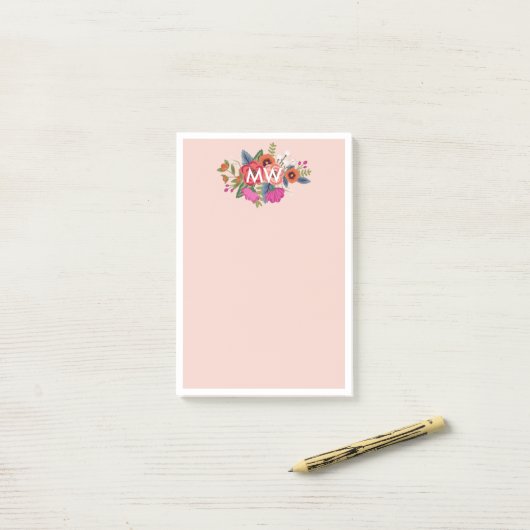Blush Boho Florals White Monogram Post-it® Notes (Op bureau)
