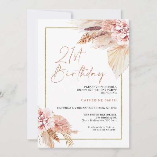 Blush Boho Pampas Grass 21st Birthday Invitation Kaart (Voorkant)