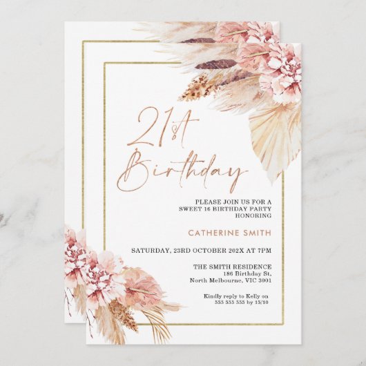 Blush Boho Pampas Grass 21st Birthday Invitation Kaart (Voorkant / Achterkant)
