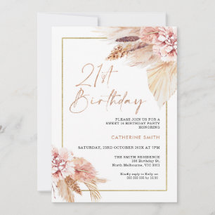 Blush Boho Pampas Grass 21st Birthday Invitation Kaart
