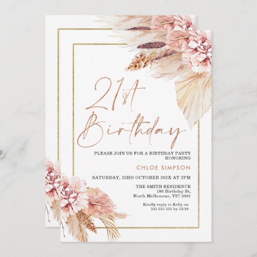Blush Boho Pampas Grass 21st Birthday Kaart (Voorkant / Achterkant)