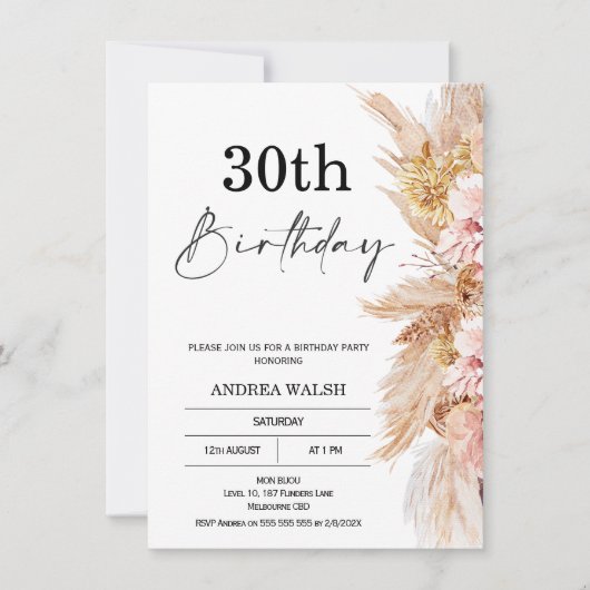 Blush Boho Pampas Grass 30th Birthday Invitation Kaart (Voorkant)