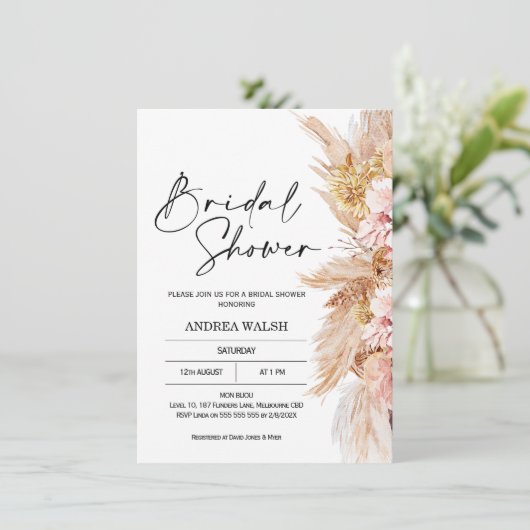 Blush Boho Pampas Grass Bruids Douche Uitnodiging (Staand voorkant)