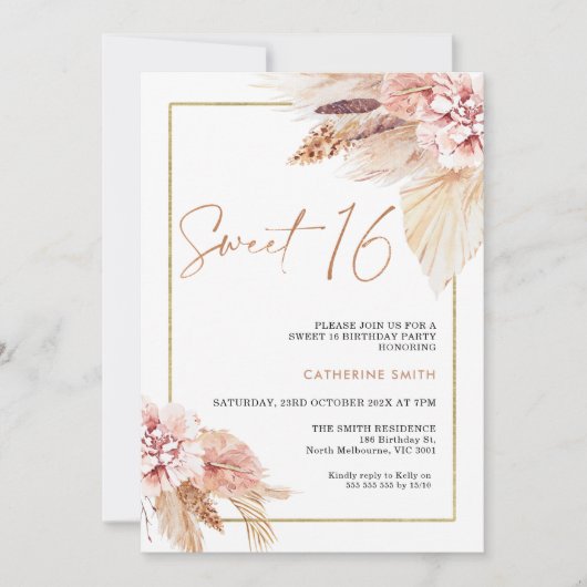 Blush Boho Pampas Grass Sweet 16 Birthday Kaart (Voorkant)