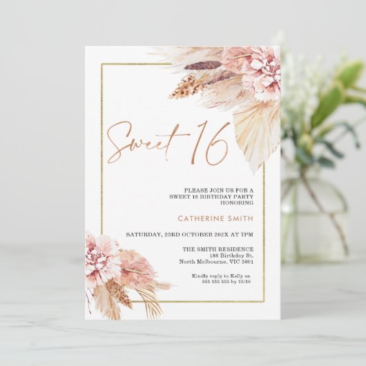 Blush Boho Pampas Grass Sweet 16 Birthday Kaart (Staand voorkant)
