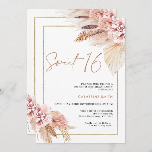 Blush Boho Pampas Grass Sweet 16 Birthday Kaart (Voorkant / Achterkant)
