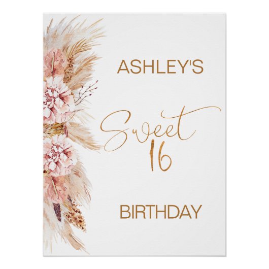 Blush Boho Pampas Grass Sweet 16 Verjaardag Welkom Perfect Poster (Voorkant)