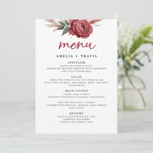 Blush Boho Pampas Grass Wedding Menu Kaart (Staand voorkant)