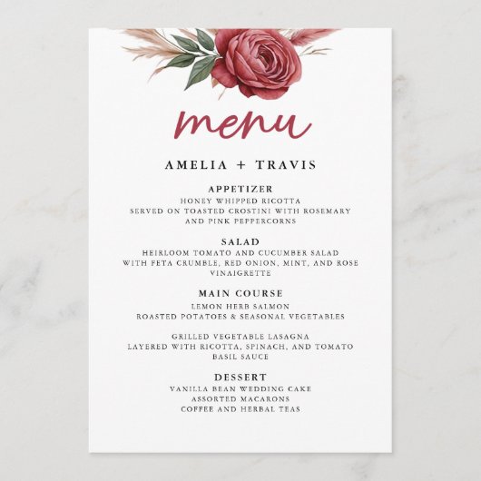 Blush Boho Pampas Grass Wedding Menu Kaart (Voorkant)