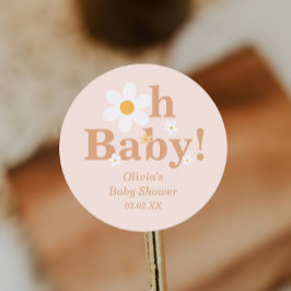 Blush Boho Retro Daisy Oh Baby shower Ronde Sticker