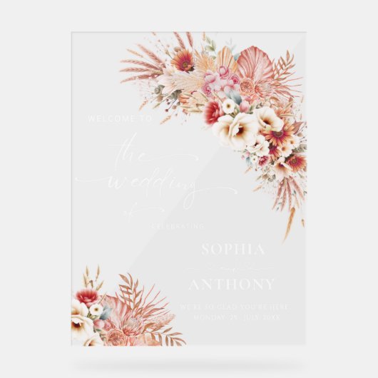 Blush Boho Terracotta Bloemen Acryl Trouwbord Acryl Bord (Voorkant)