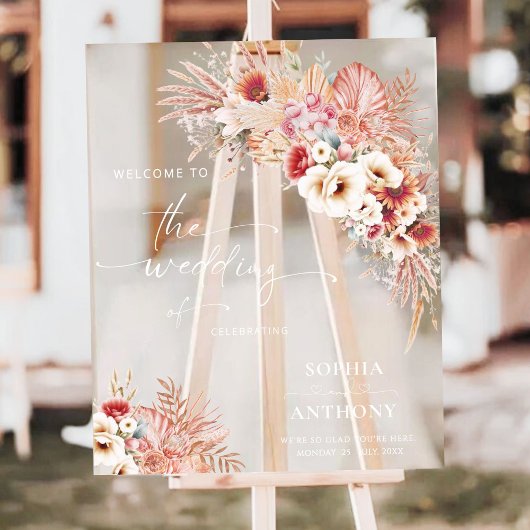 Blush Boho Terracotta Bloemen Acryl Trouwbord Bord