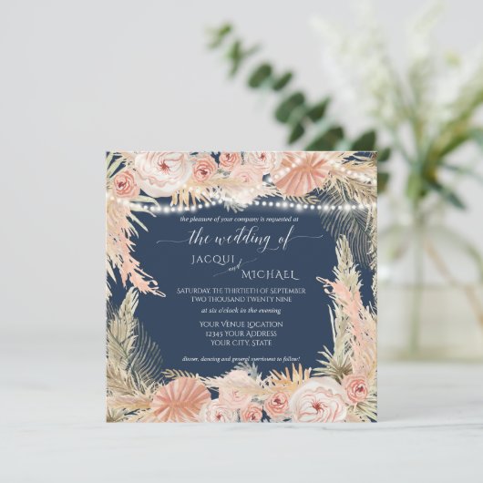 Blush BOHO Twinkle Lights Floral Pampas Grass Kaart (Staand voorkant)