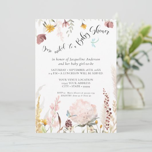 Blush BOHO Waterverf Floral Butterfly Baby Girl Kaart (Staand voorkant)