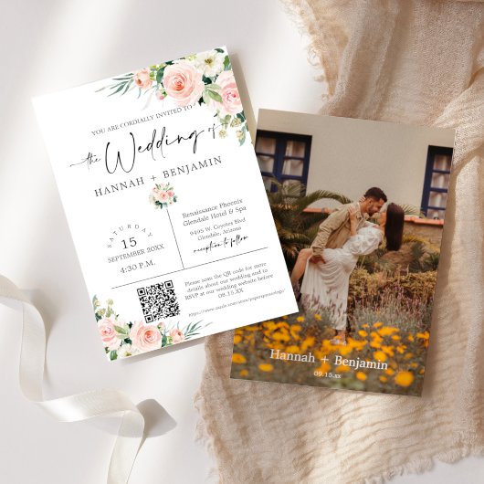 Blush Boho Wedding Moderne Minimale QR Code Foto Kaart