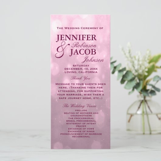 BLush Bokeh markeert huwelijksprogramma Programmakaart (Staand voorkant)