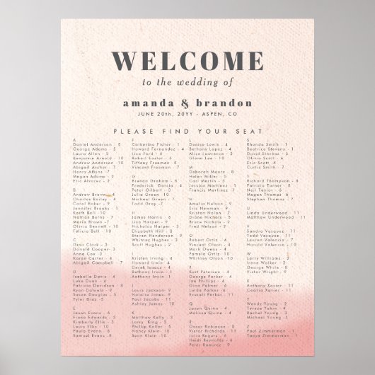 Blush & Bold Alfabetische bruiloft Zitting Grafiek Poster (Voorkant)