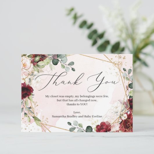 Blush bordeaux bloemengoud geometrisch Baby shower Informatiekaartje (Staand voorkant)