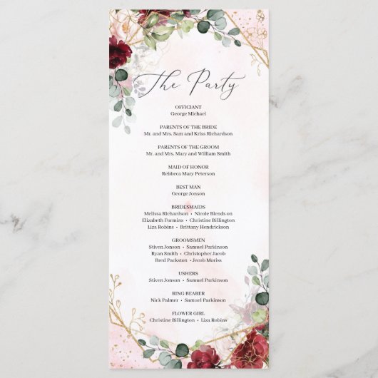 Blush bordeaux bloemengoud geometrische boho bruil programmakaart (Achterkant)