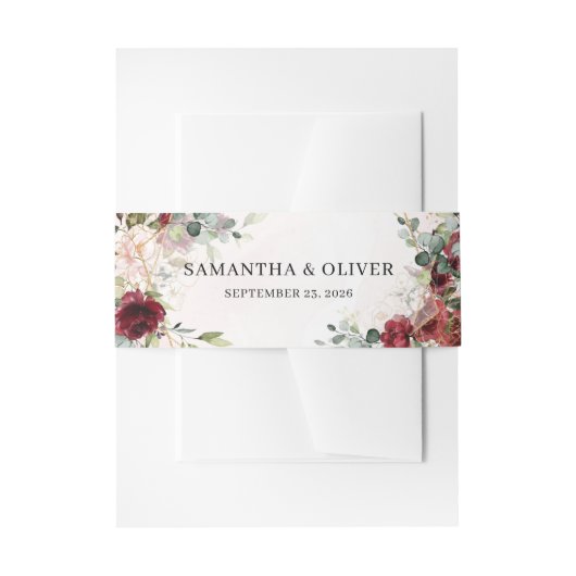 Blush bordeaux bloemengroen eucalyptus goud uitnodigingen wikkel (Voorkant Voorbeeld)