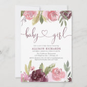 Blush bordeaux bloemenmeisje waterverf baby shower kaart (Voorkant)