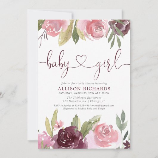 Blush bordeaux bloemenmeisje waterverf baby shower kaart (Voorkant)