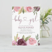 Blush bordeaux bloemenmeisje waterverf baby shower kaart (Staand voorkant)
