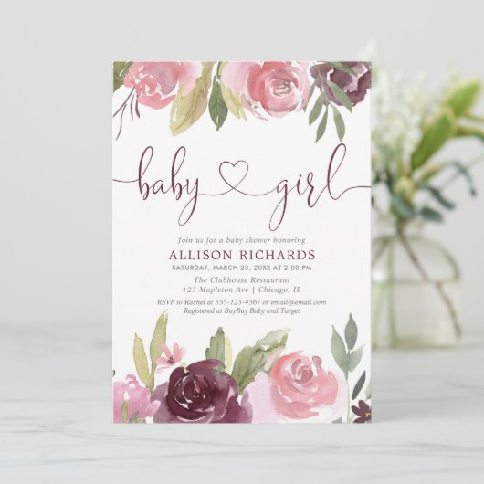 Blush bordeaux bloemenmeisje waterverf baby shower kaart (Staand voorkant)