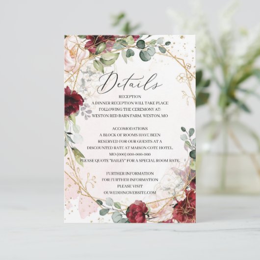 Blush bordeaux goud geometrische bruiloft details informatiekaartje (Staand voorkant)