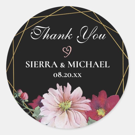Blush bordeaux goud zwart bruiloft dank u ronde sticker (Voorkant)