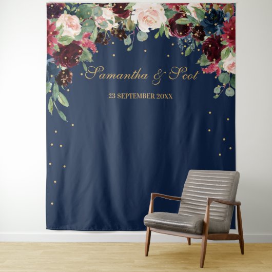 Blush bordeaux roze en marine bloemenboho bruiloft wandkleed (In situ)