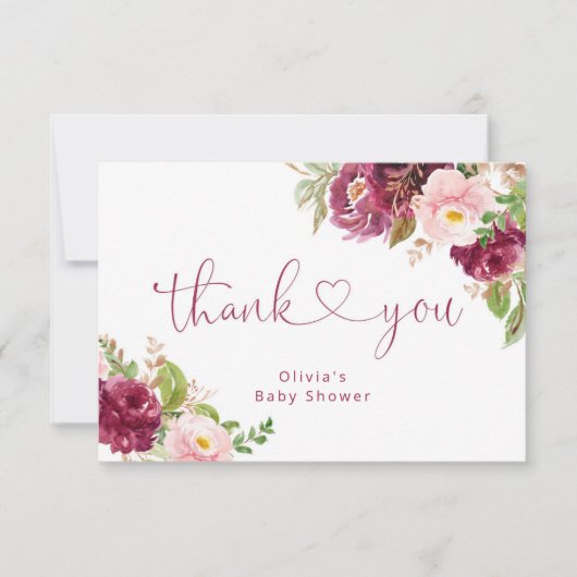 Blush borgundy herfst floral baby shower dank u kaart (Voorkant)
