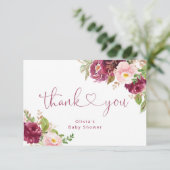 Blush borgundy herfst floral baby shower dank u kaart (Staand voorkant)