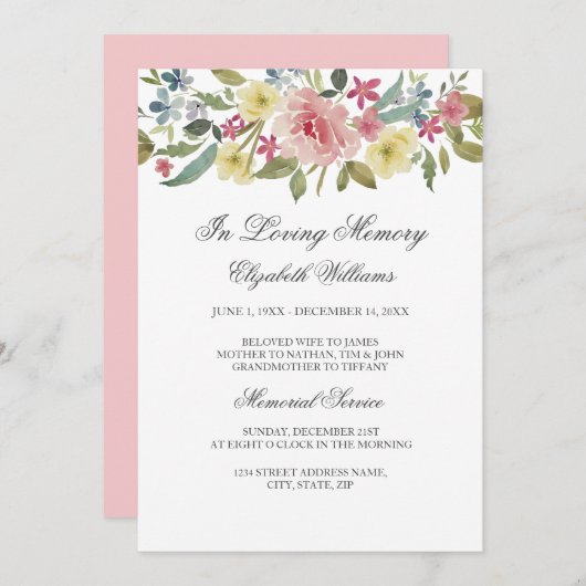 Blush Botanical Waterverf Memorial Service Kaart (Voorkant / Achterkant)