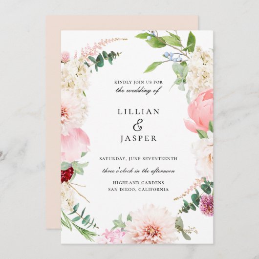 Blush Botanische Bloemen Lijst Bruiloft Uitnodigin Kaart (Voorkant / Achterkant)