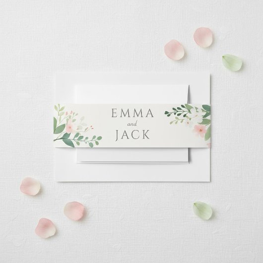 Blush Botanische Waterverf Groen en Bloemen Uitnodigingen Wikkel